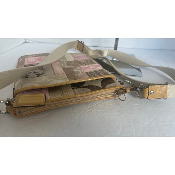 Coach Pink and Tan Patchwork Signature Jacquard Crossbody Strap Bag - Picture 8 of 11